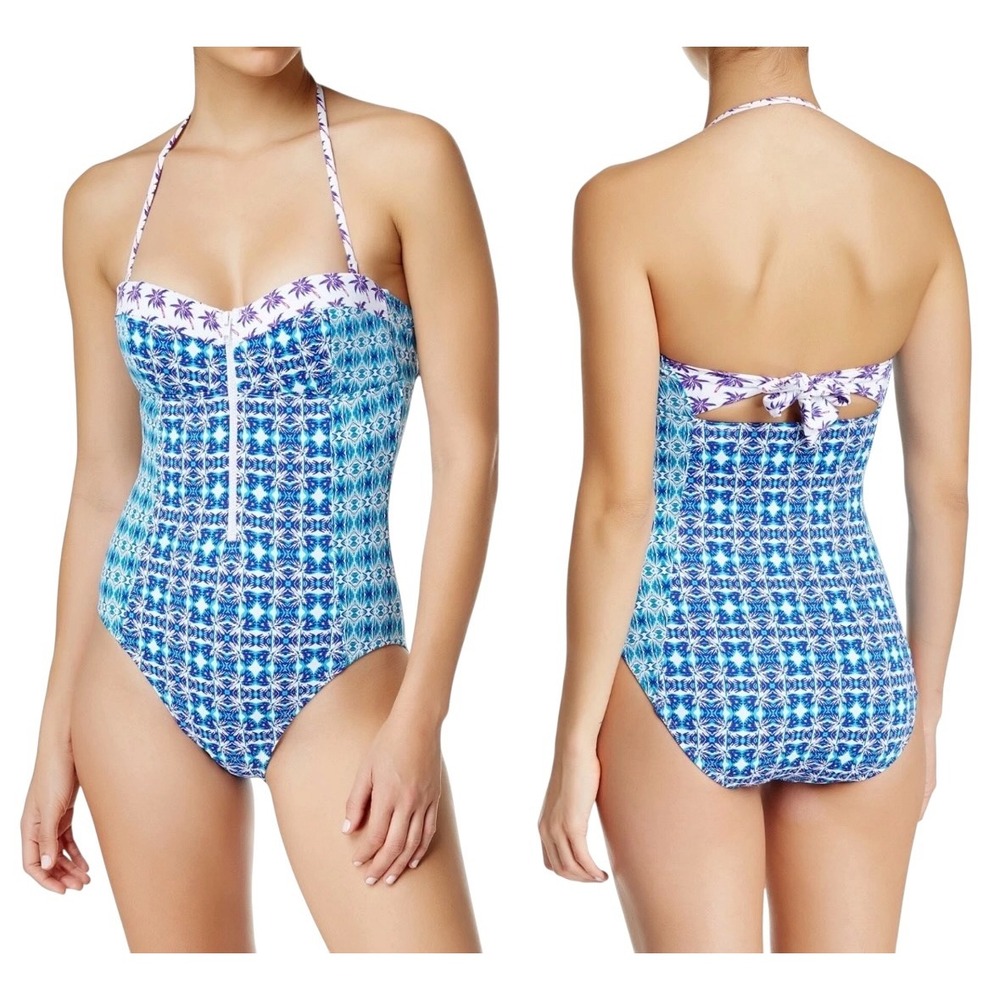 Tommy Bahama Blue Geometric Palm Print‎ One Piece Swimsuit TSW81220P Womens 12